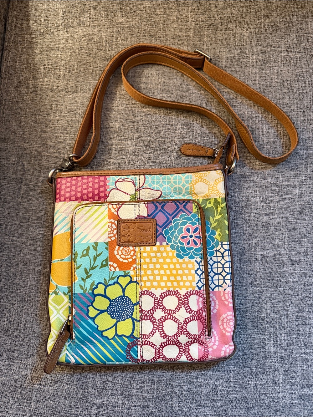 Fossil Multicolor Patchwork Floral Crossbody with Tan Strap
